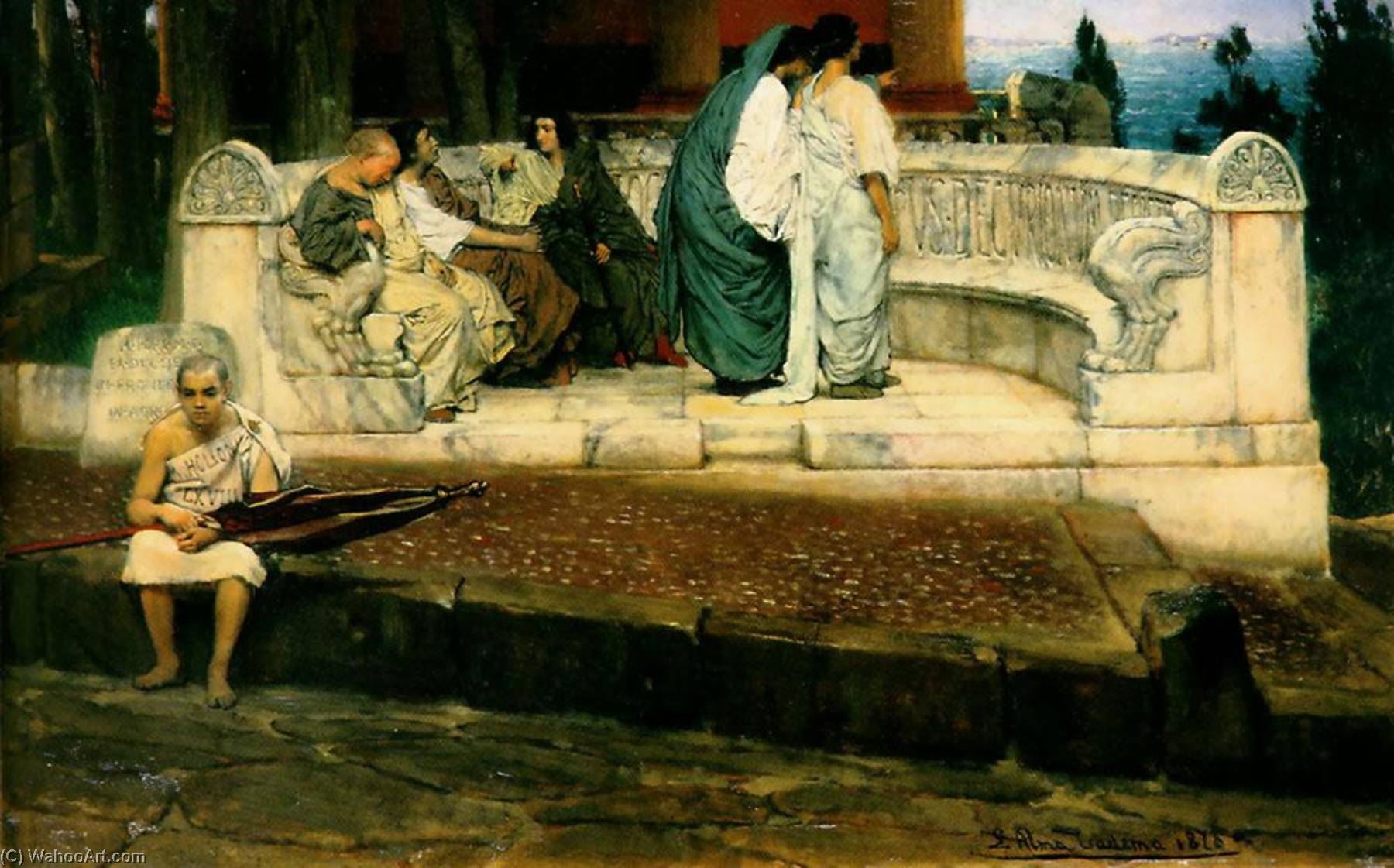 Wikioo.org – La Enciclopedia de las Bellas Artes - Pintura, Obras de arte de Lawrence Alma-Tadema - Un Exedra