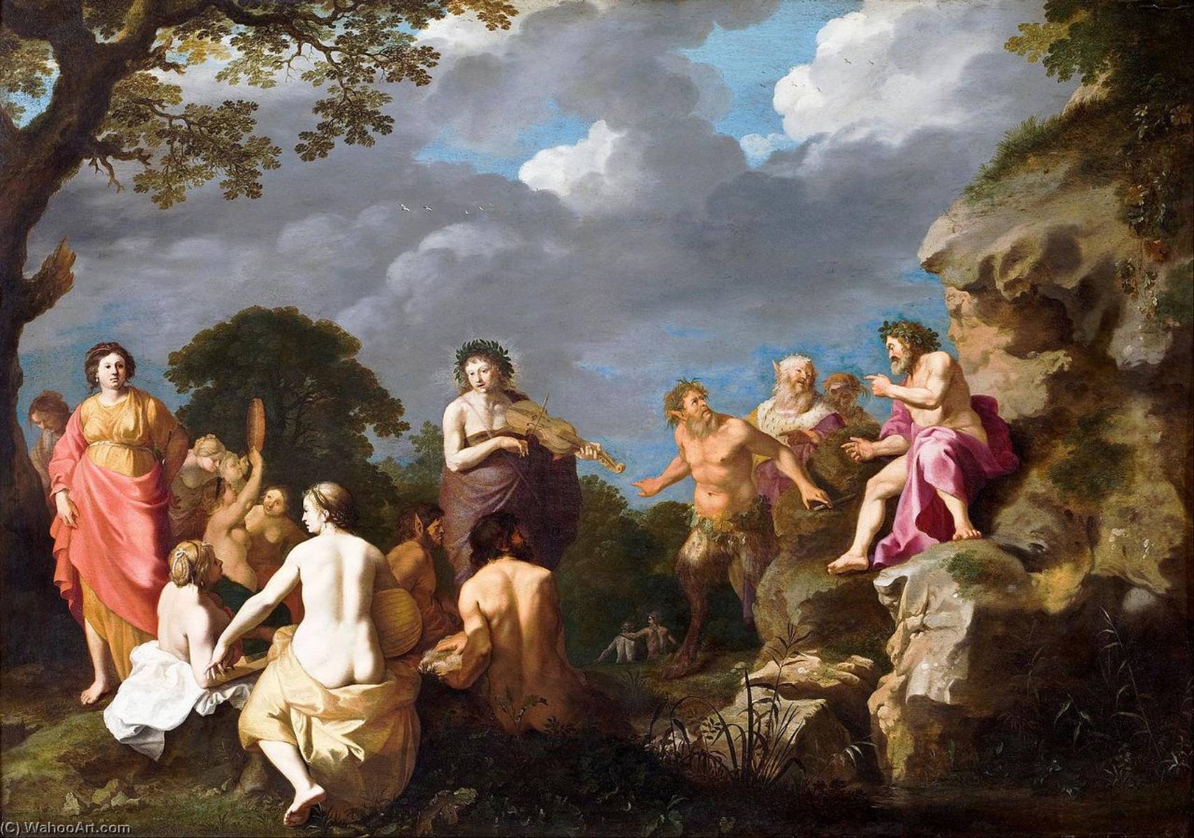 Wikioo.org – La Enciclopedia de las Bellas Artes - Pintura, Obras de arte de Cornelius Van Poelenburgh - El musical concurso  entre  Apolo  asícomo  Marsias