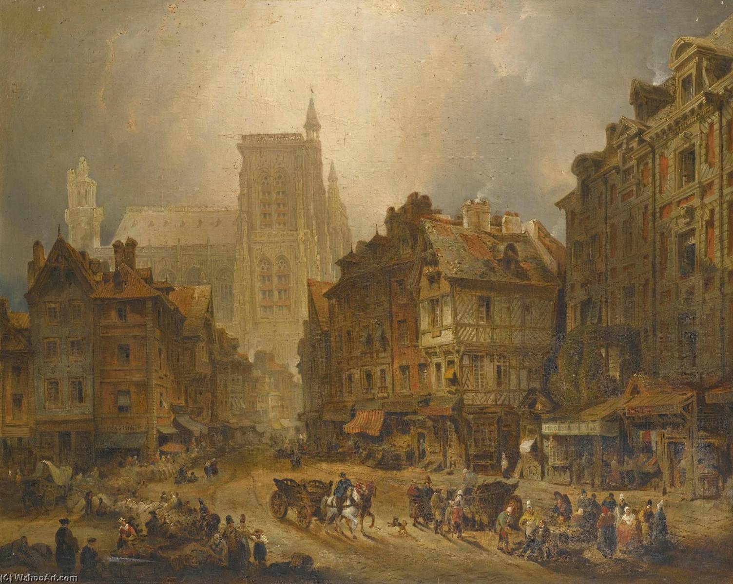 Wikioo.org - The Encyclopedia of Fine Arts - Painting, Artwork by David Roberts - Le MarchÉ au BlÉ at Abbeville, from the Grande Place