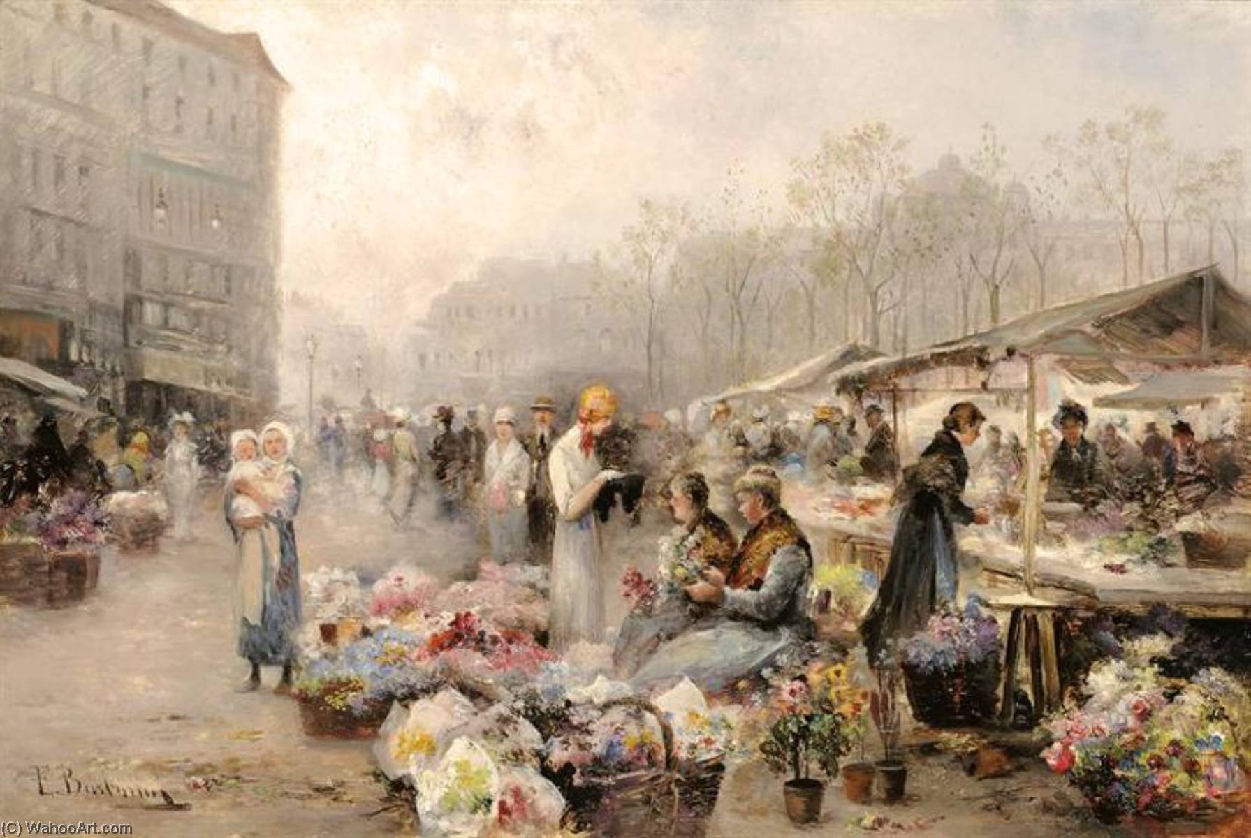Wikioo.org - The Encyclopedia of Fine Arts - Painting, Artwork by Emil Barbarini - Flower Market in Nice