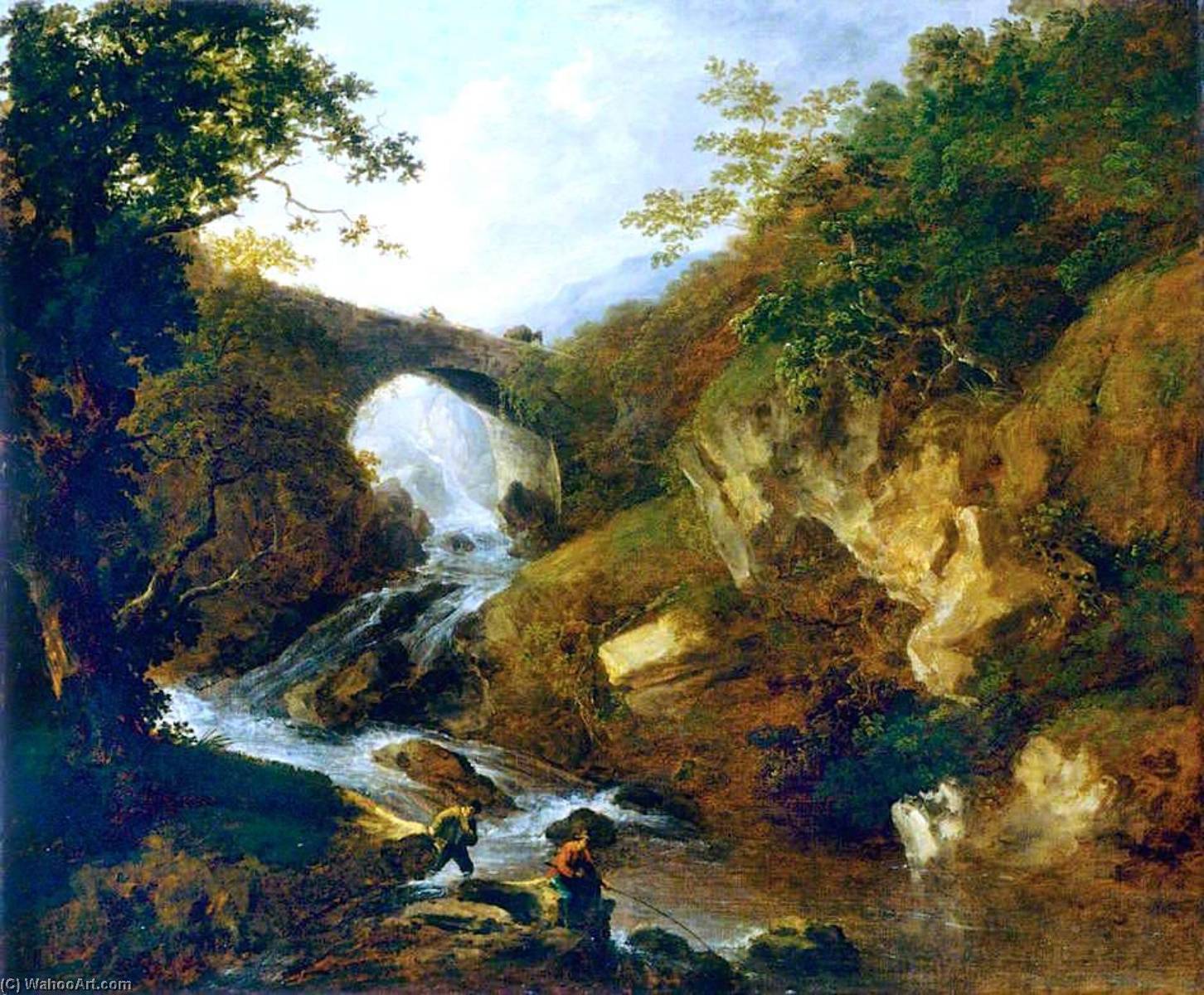 Wikioo.org - The Encyclopedia of Fine Arts - Painting, Artwork by Benjamin Barker Ii - Fishermen by a Stream in a Rocky Landscape
