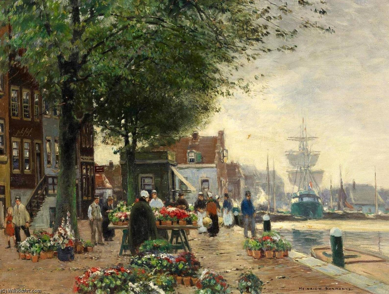 Wikioo.org - The Encyclopedia of Fine Arts - Painting, Artwork by Heinrich Hermanns - A Flower Market in a Dutch City