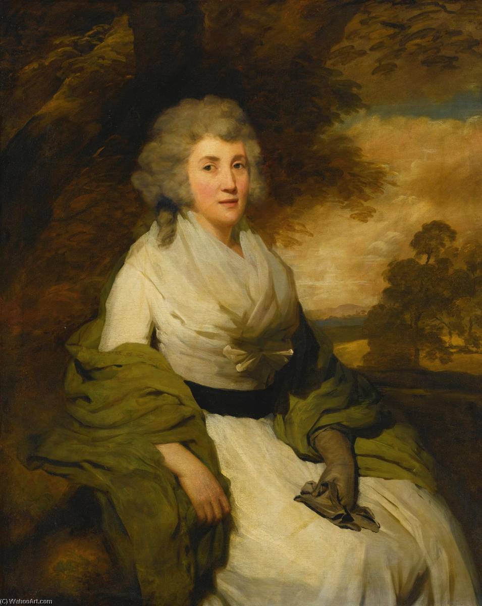 Wikioo.org - The Encyclopedia of Fine Arts - Painting, Artwork by Henry Raeburn - Portrait of Mrs. John Parish, seated in a landscape, wearing a white dress with a green shawl and gloves