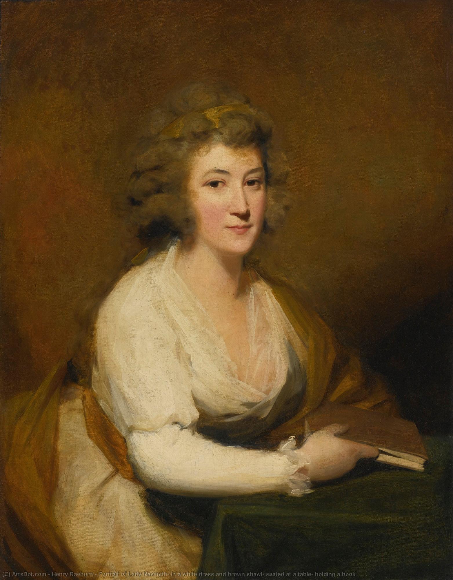 Wikioo.org - The Encyclopedia of Fine Arts - Painting, Artwork by Henry Raeburn - Portrait of Lady Nasmyth, in a white dress and brown shawl, seated at a table, holding a book