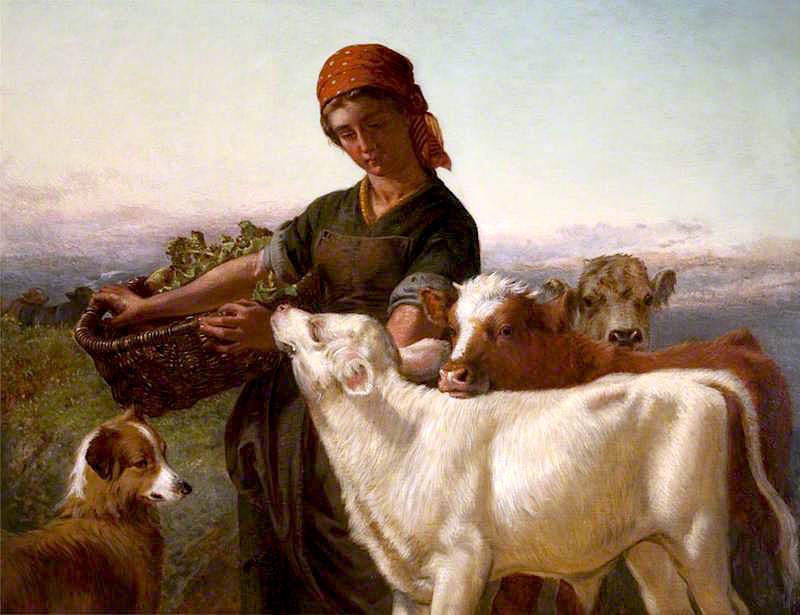 Wikioo.org - The Encyclopedia of Fine Arts - Painting, Artwork by Henry Hetherington Emmerson - A Farm Girl with Three Calves and 'Silky'