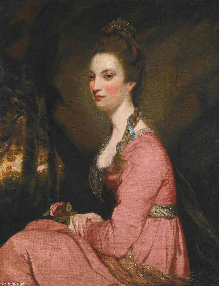 Wikioo.org - The Encyclopedia of Fine Arts - Painting, Artwork by Joshua Reynolds - Portrait of a lady seated in a landscape, wearing a pink dress and holding a rose