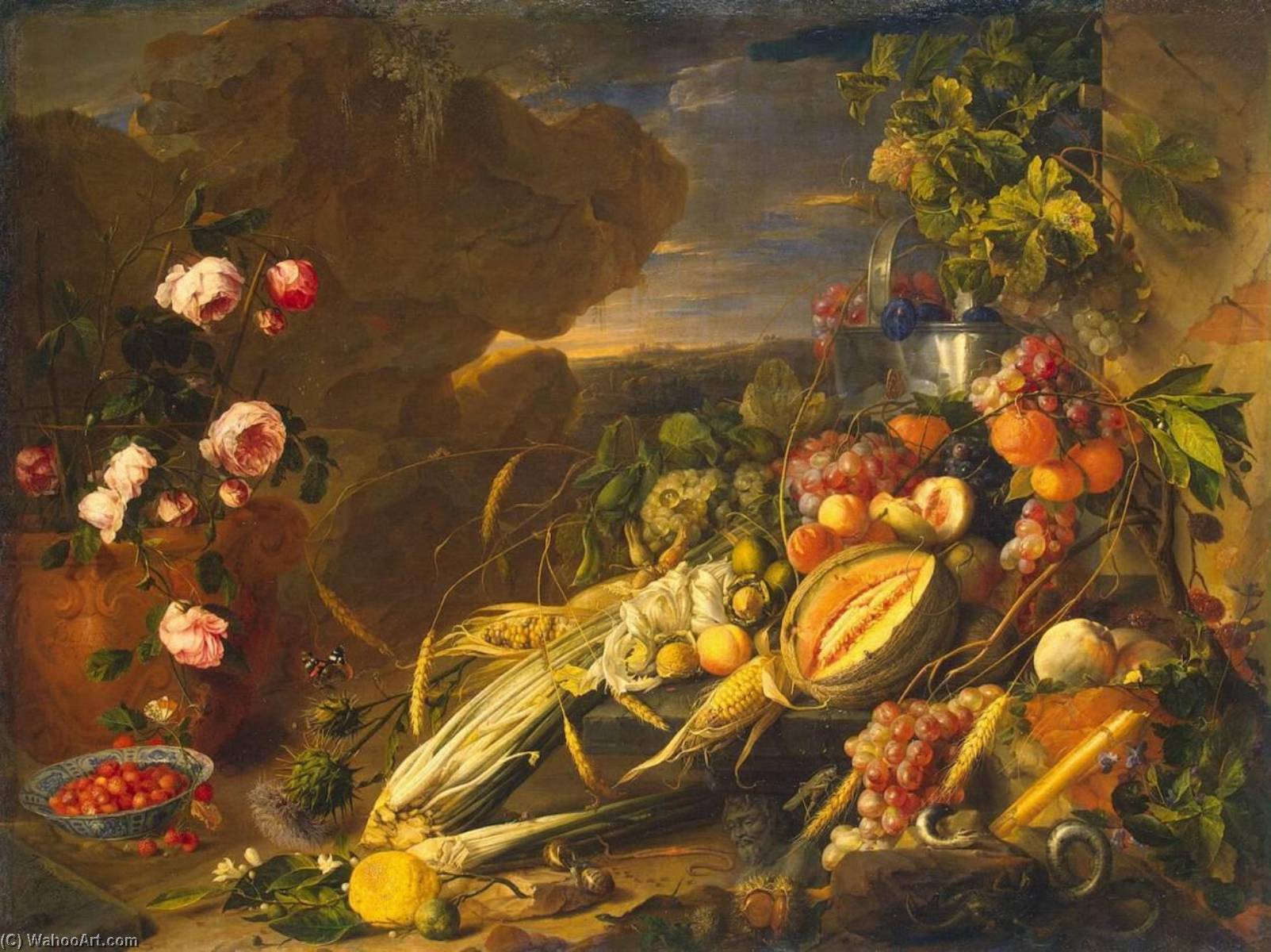 Wikioo.org - The Encyclopedia of Fine Arts - Painting, Artwork by Jan Davidszoon De Heem - Fruit and a Vase of Flowers