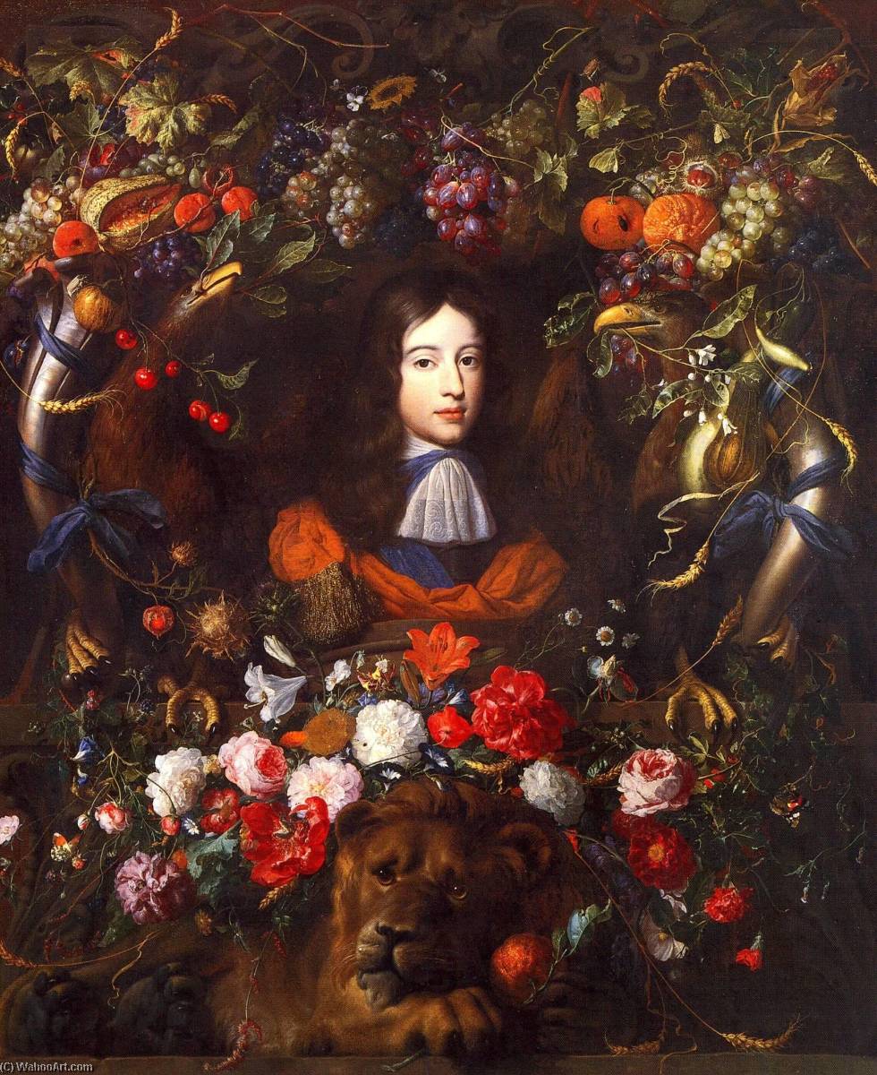 Wikioo.org - The Encyclopedia of Fine Arts - Painting, Artwork by Jan Davidszoon De Heem - Flower Garland with Portrait of William III of Orange, Aged 10