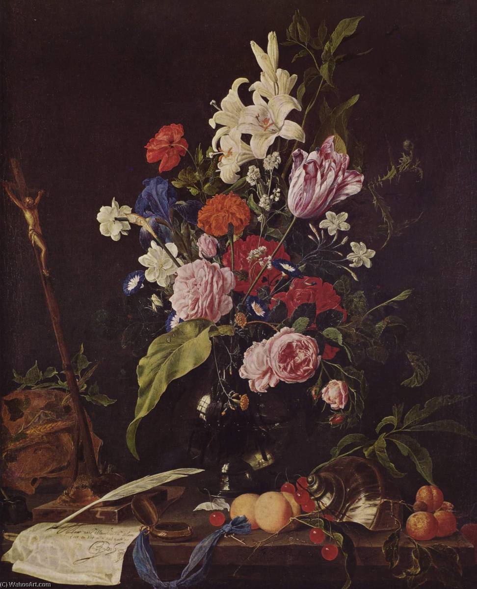 Wikioo.org - The Encyclopedia of Fine Arts - Painting, Artwork by Jan Davidszoon De Heem - Flower Still life with Crucifix and Skull