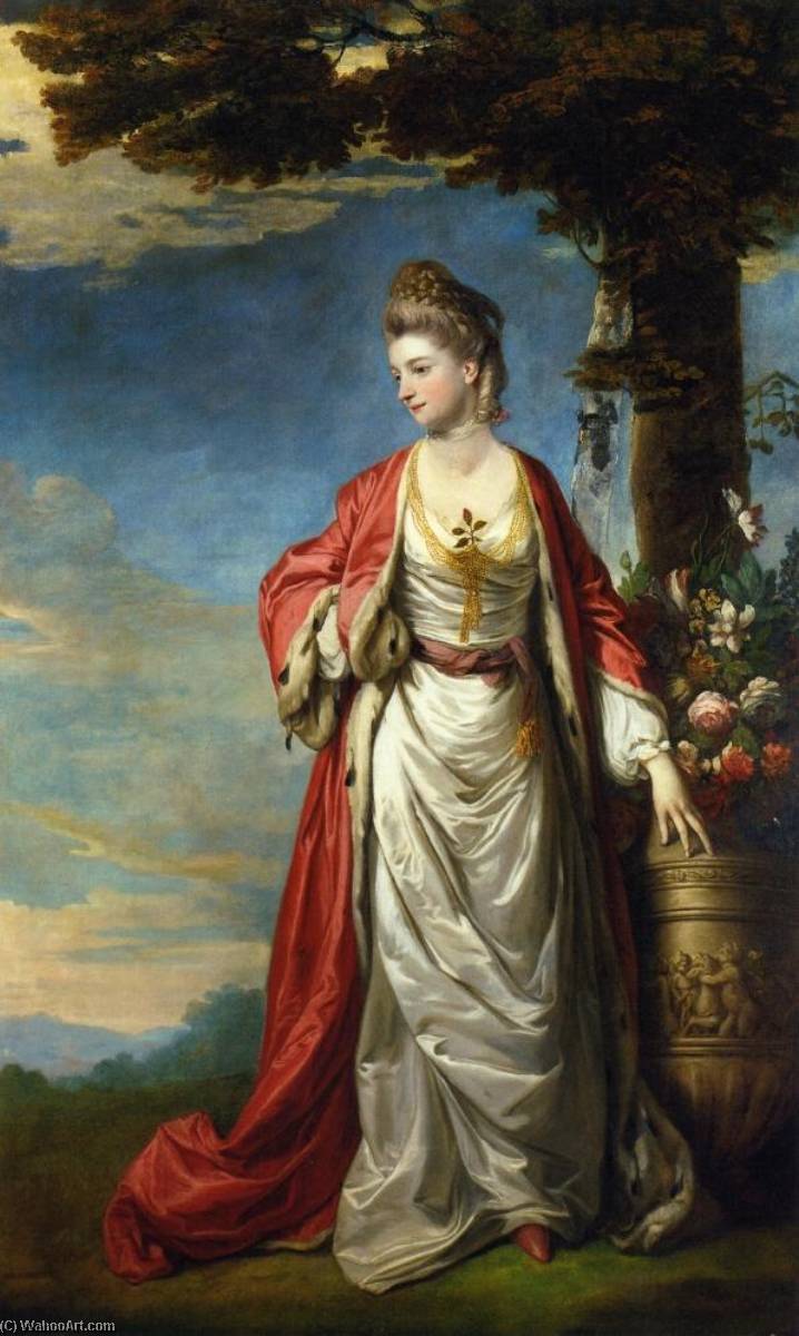 Wikioo.org - The Encyclopedia of Fine Arts - Painting, Artwork by Joshua Reynolds - Mrs. Trecothick, Full Length, in 'Turkish' Masquerade Dress, Beside an Urn of Flowers, in a Landscape