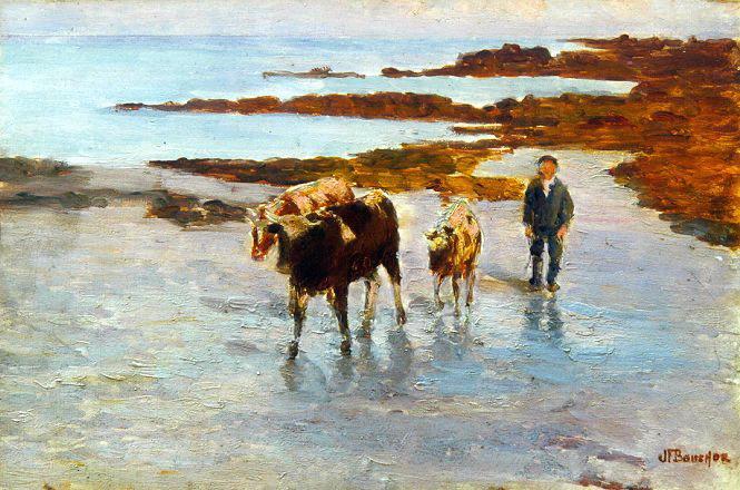 Wikioo.org - The Encyclopedia of Fine Arts - Painting, Artwork by Bouchor Joseph Félix - Les vaches sur la plage à Raguenez (titre inscrit)