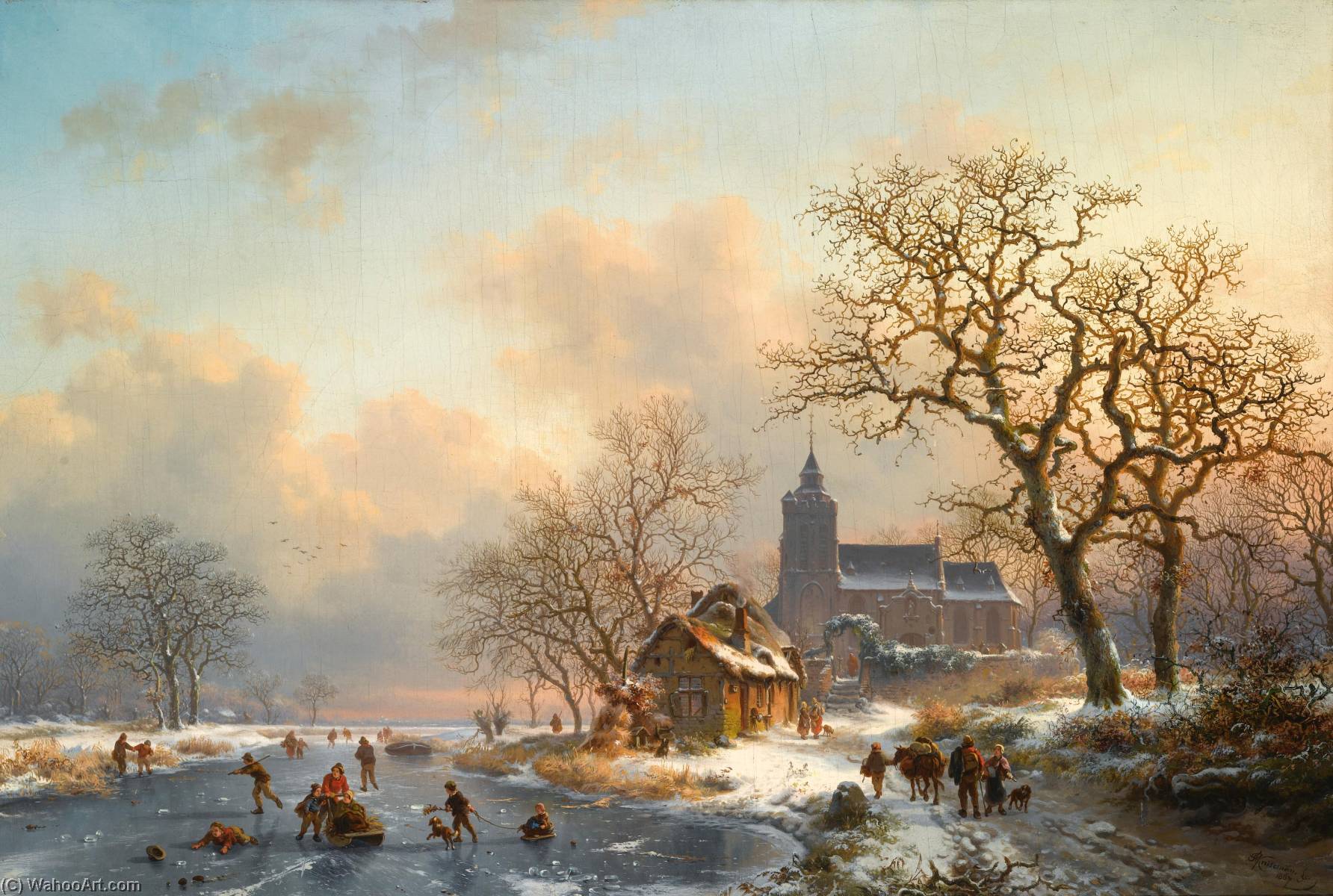 Wikioo.org - The Encyclopedia of Fine Arts - Painting, Artwork by Frederick Marianus Kruseman - A winter landscape with skaters on a frozen river
