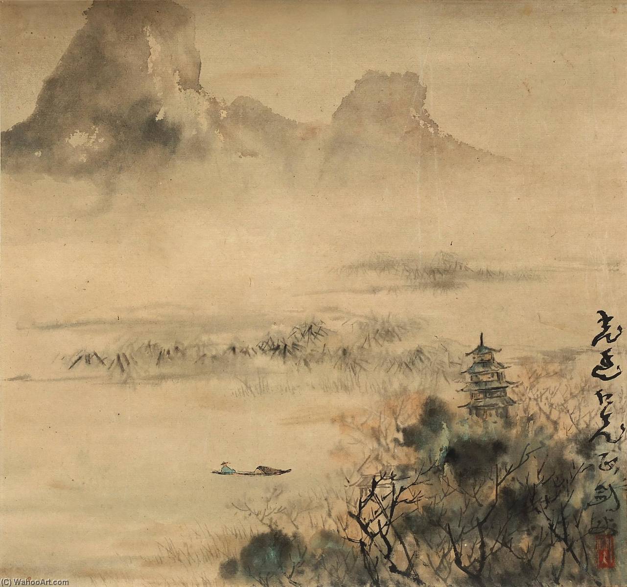 Wikoo.org - موسوعة الفنون الجميلة - اللوحة، العمل الفني Gao Jianfu - Fishing in the Lake