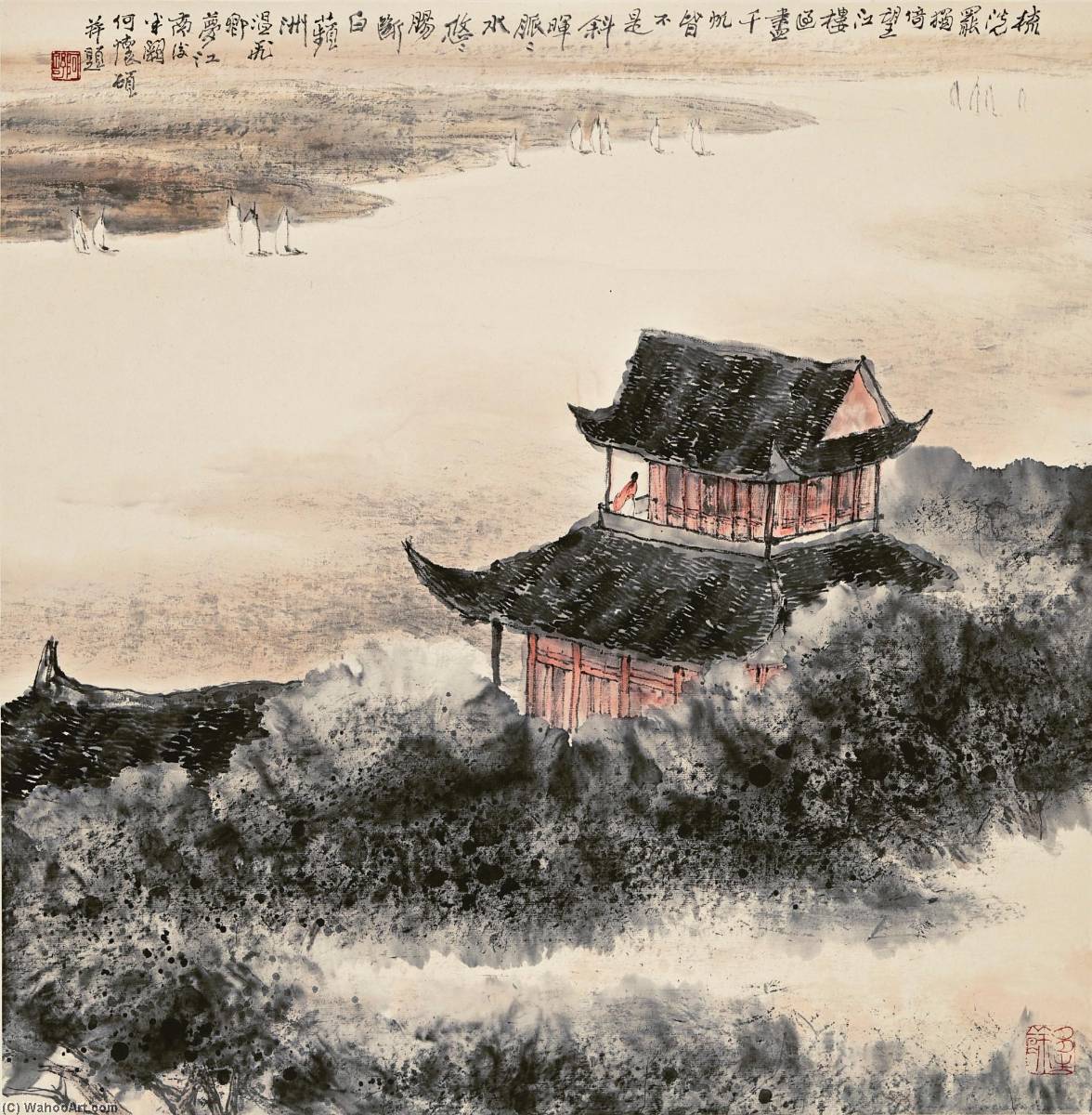 Wikioo.org - The Encyclopedia of Fine Arts - Painting, Artwork by He Huaishuo - Gazing at the River in Pavilion