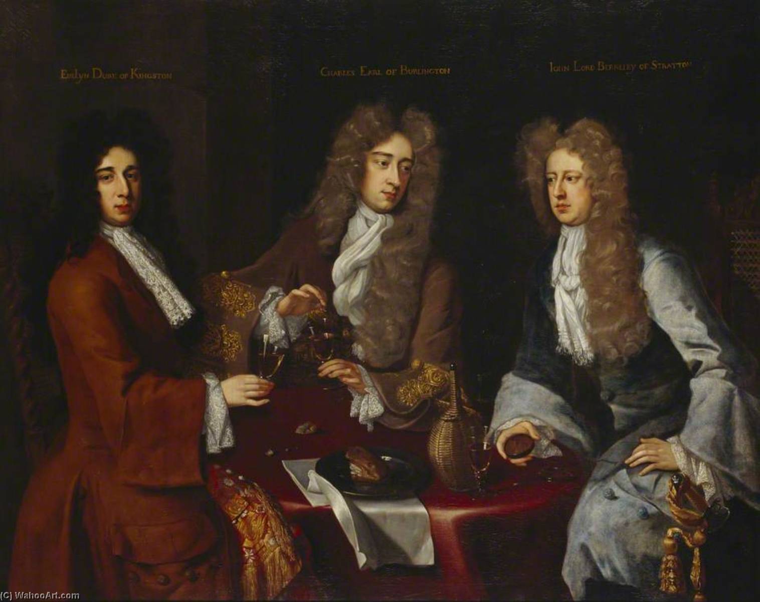Wikioo.org - The Encyclopedia of Fine Arts - Painting, Artwork by Michael Dahl - Triple Portrait of the 2nd Earl of Burlington (1674–1704), the 1st Duke of Kingston upon Hull (c.1665–1726), and the 3rd Baron Berkeley of Stratton (1663–1697)