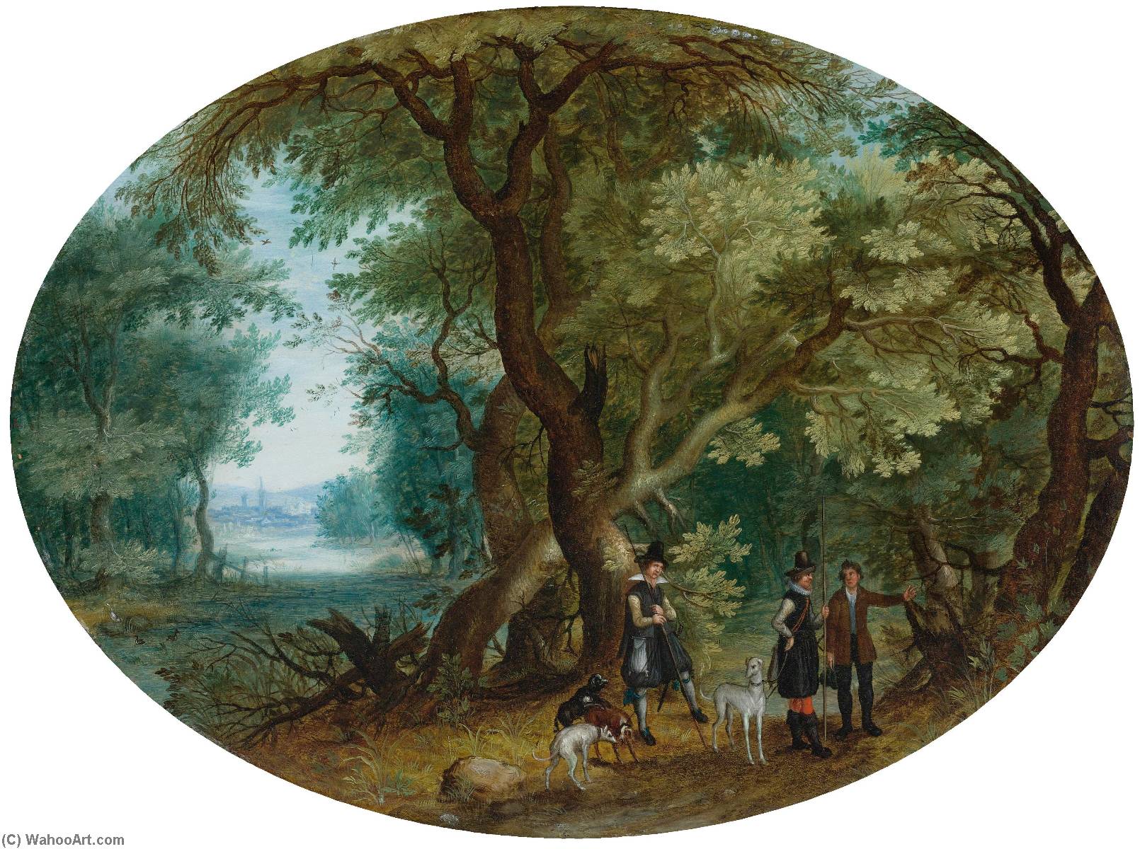 Wikioo.org - The Encyclopedia of Fine Arts - Painting, Artwork by Isaac Van Oosten - Hunters with their Dogs in a Wooded Landscape