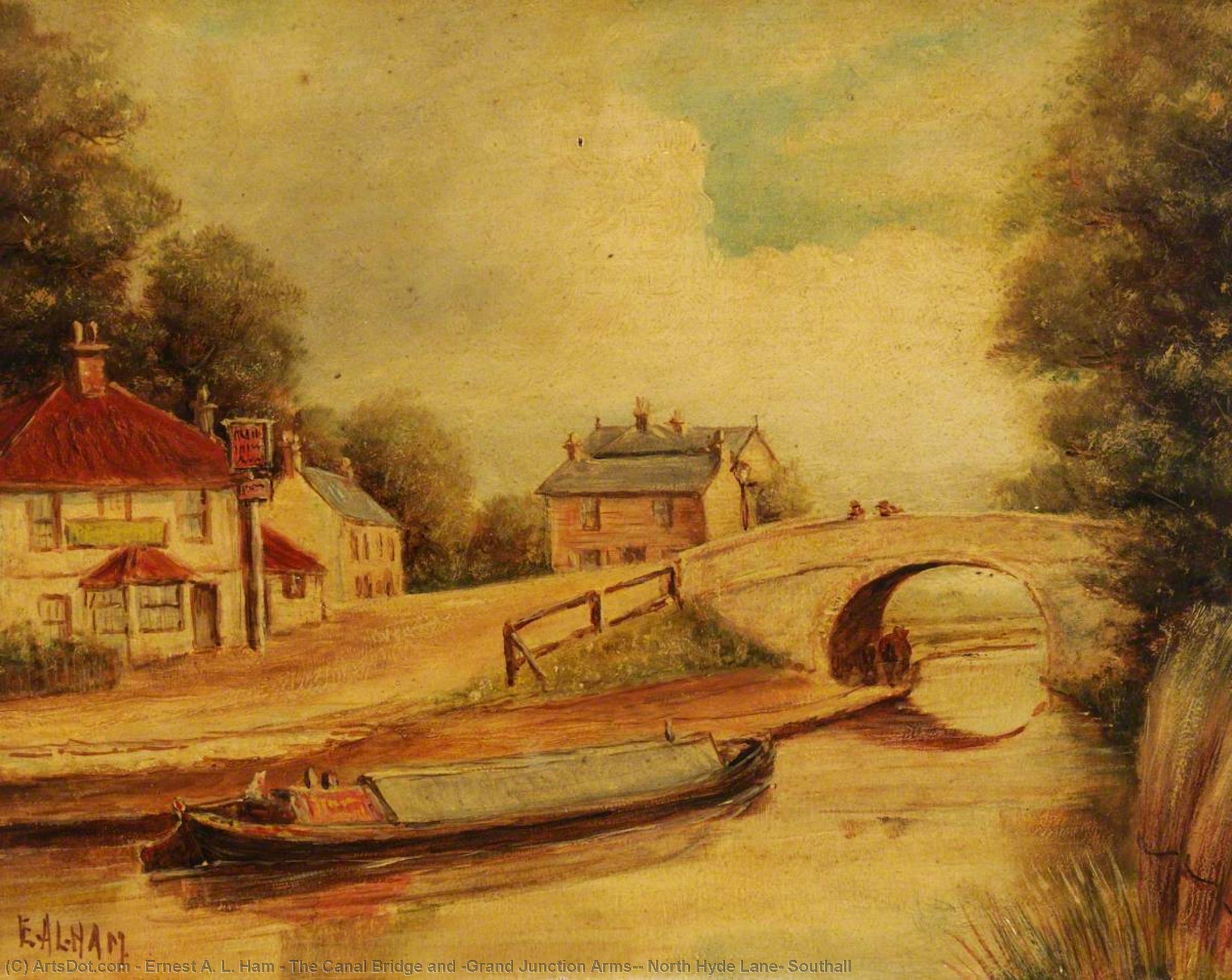 Wikioo.org - The Encyclopedia of Fine Arts - Painting, Artwork by Ernest A. L. Ham - The Canal Bridge and 'Grand Junction Arms', North Hyde Lane, Southall