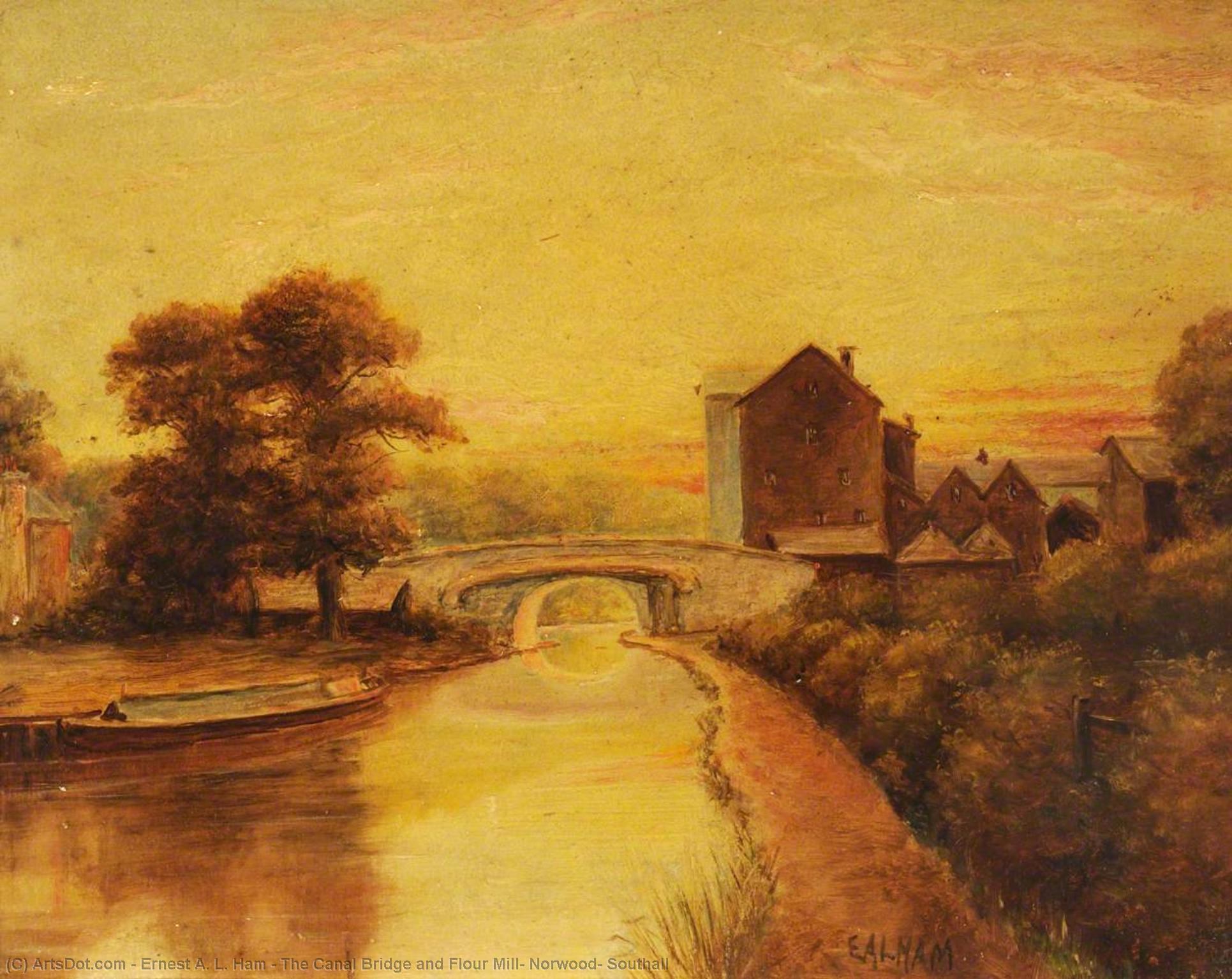 Wikioo.org - The Encyclopedia of Fine Arts - Painting, Artwork by Ernest A. L. Ham - The Canal Bridge and Flour Mill, Norwood, Southall
