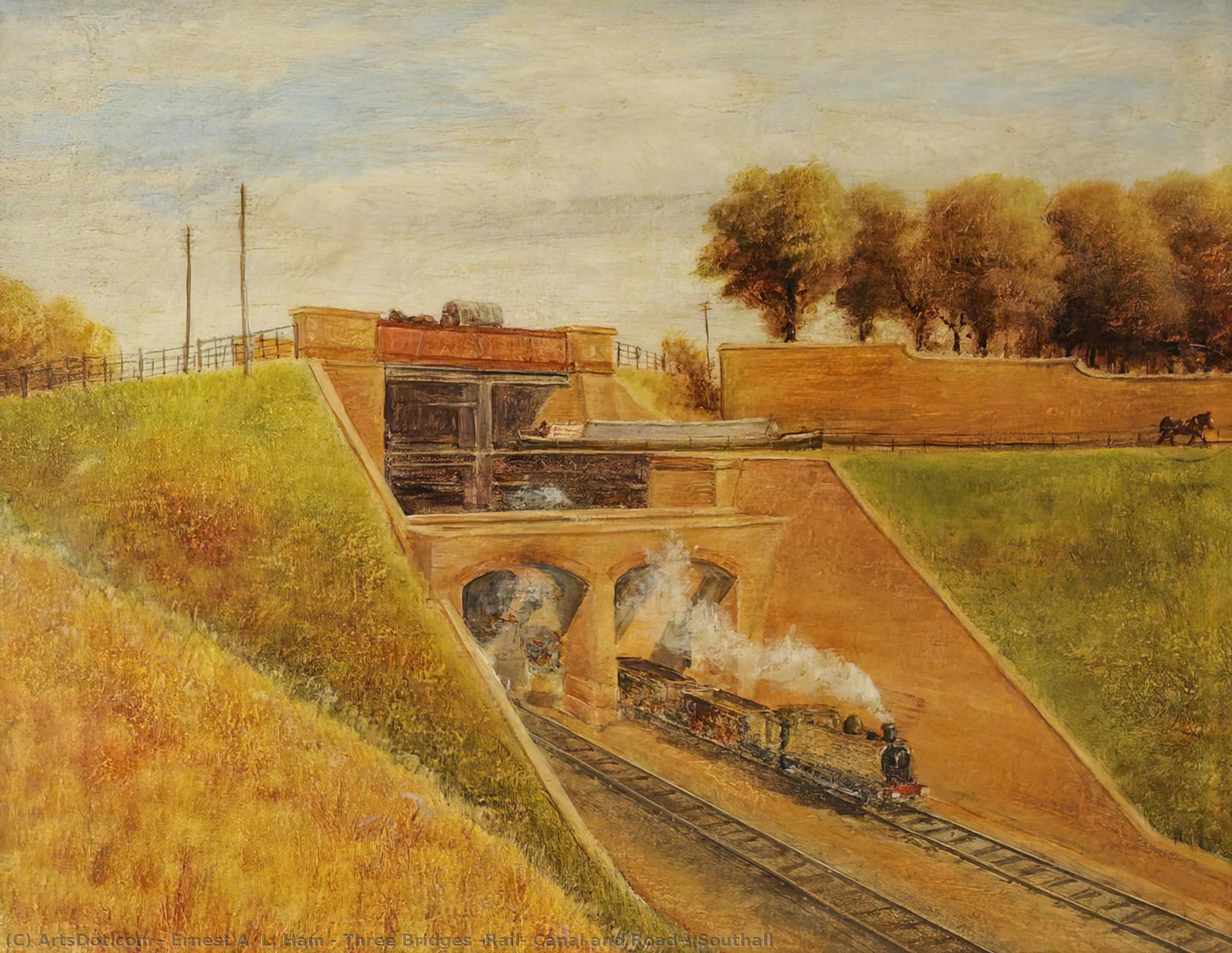 Wikioo.org - The Encyclopedia of Fine Arts - Painting, Artwork by Ernest A. L. Ham - Three Bridges (Rail, Canal and Road), Southall