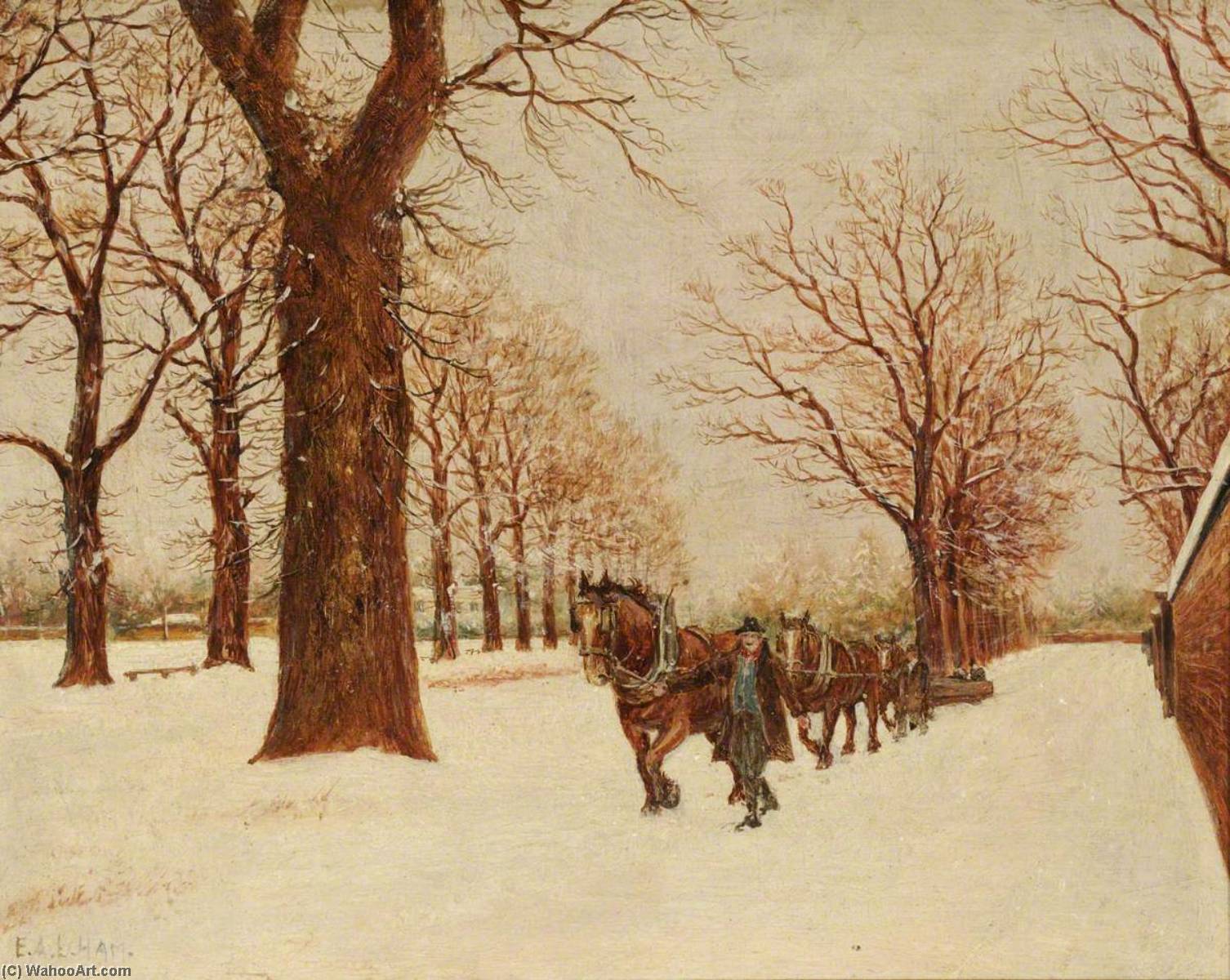 Wikioo.org - The Encyclopedia of Fine Arts - Painting, Artwork by Ernest A. L. Ham - The Snow Plough Passing Norwood Green Pond, Norwood Green, Southall