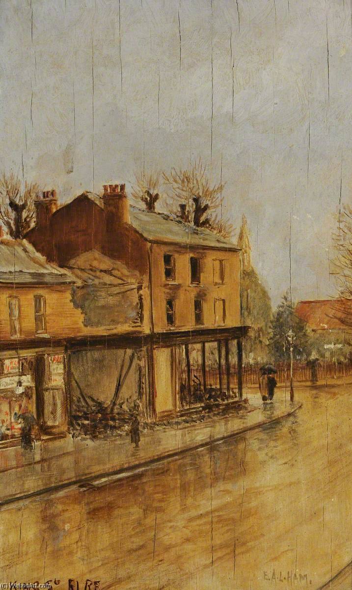 Wikioo.org - The Encyclopedia of Fine Arts - Painting, Artwork by Ernest A. L. Ham - King Street Fire, Southall, 1910