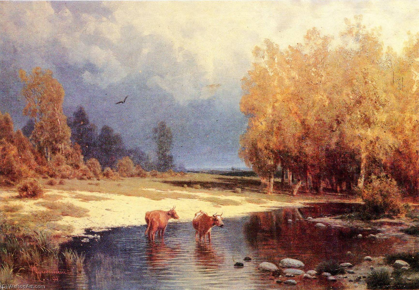 Wikioo.org - The Encyclopedia of Fine Arts - Painting, Artwork by Petr Sukhodolsky - Landscape with the river and the cows