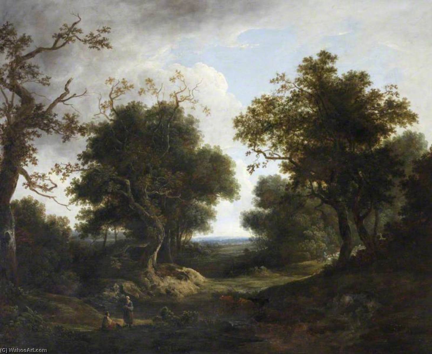 Wikioo.org - The Encyclopedia of Fine Arts - Painting, Artwork by Benjamin Barker Ii - Wooded Landscape with Cattle, Sheep and Peasant Figures by a River