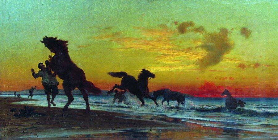 Wikioo.org - The Encyclopedia of Fine Arts - Painting, Artwork by Vladimir Orlovsky - Horses Bathing