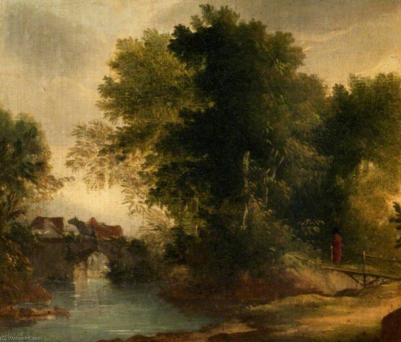 Wikioo.org - The Encyclopedia of Fine Arts - Painting, Artwork by Benjamin Barker Ii - A Wooded River Landscape with a Bridge