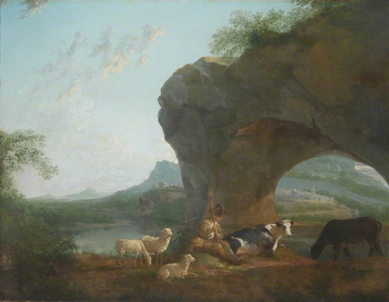 Wikioo.org - The Encyclopedia of Fine Arts - Painting, Artwork by Benjamin Barker Ii - Italianate Landscape with a Herdsman and Three Sheep and Two Cows under a Rock Arch