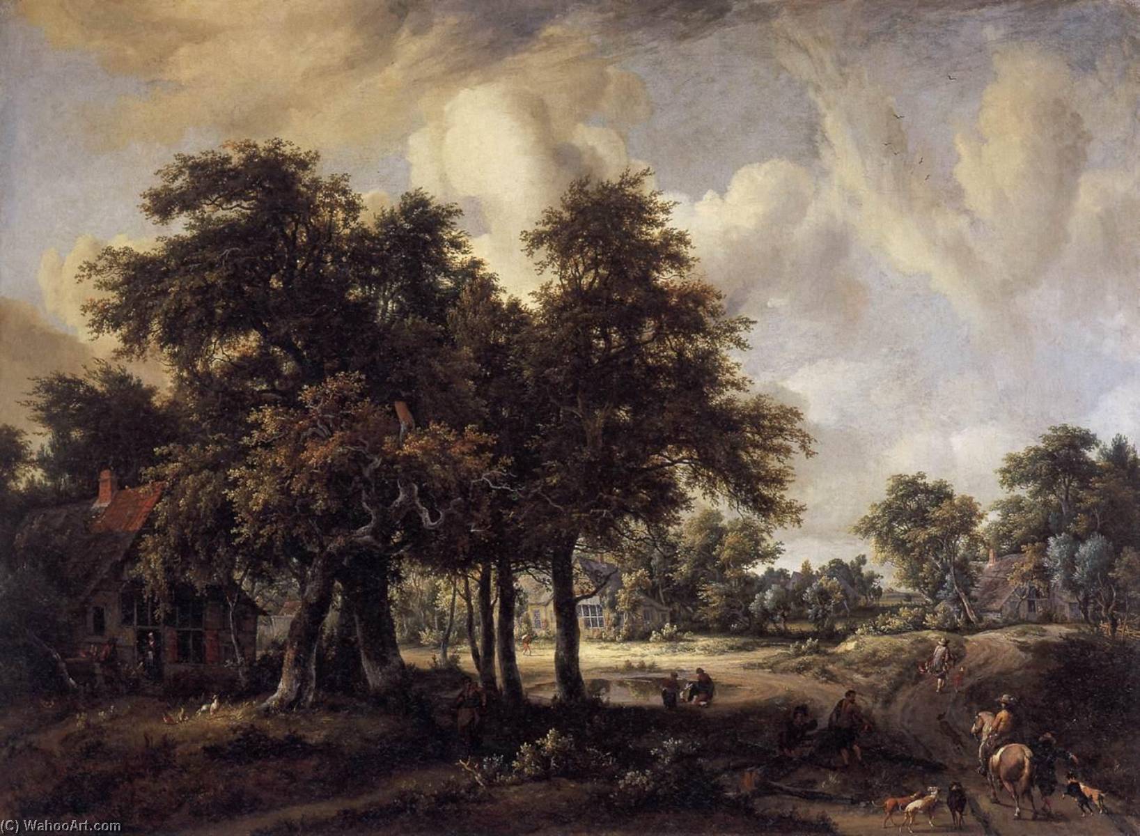 WikiOO.org - Encyclopedia of Fine Arts - Lukisan, Artwork Meyndert Hobbema - Wooded Landscape with Cottages