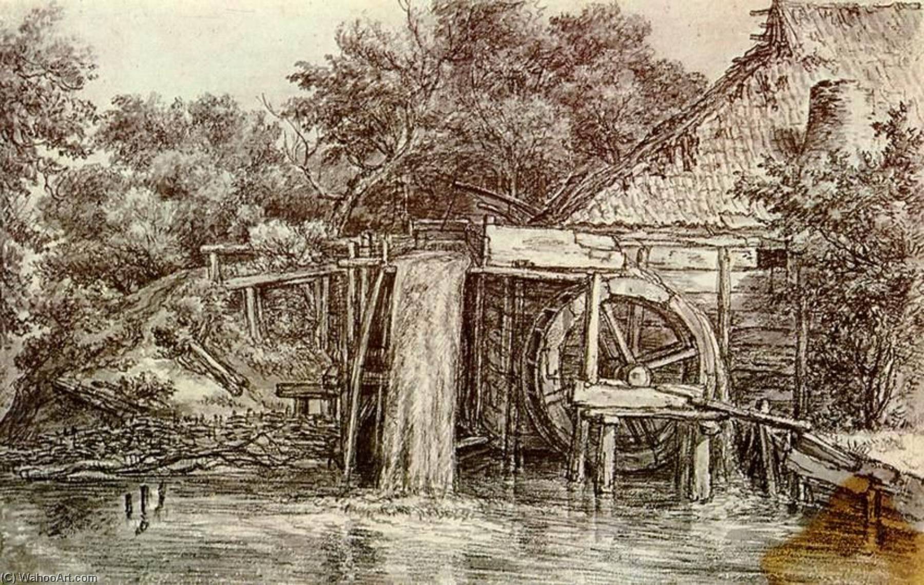 WikiOO.org - Encyclopedia of Fine Arts - Lukisan, Artwork Meyndert Hobbema - Watermill