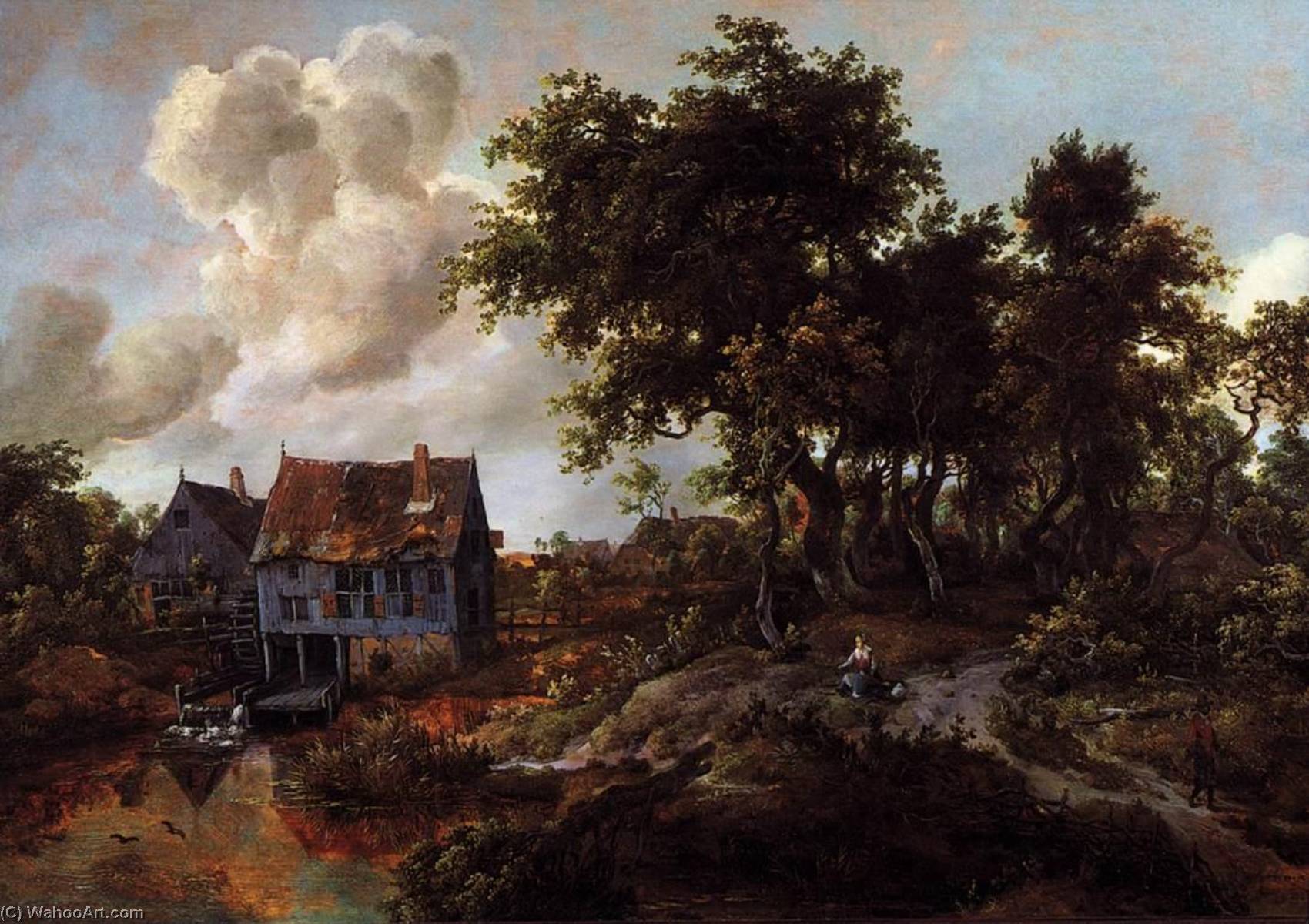 Wikioo.org - The Encyclopedia of Fine Arts - Painting, Artwork by Meyndert Hobbema - A Watermill beside a Woody Lane