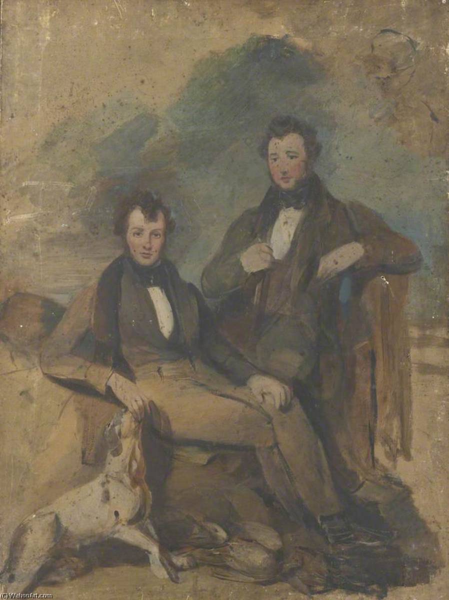 Wikioo.org - The Encyclopedia of Fine Arts - Painting, Artwork by George Sheffield Senior - Portrait of Two Seated Men with a Dog (unfinished)