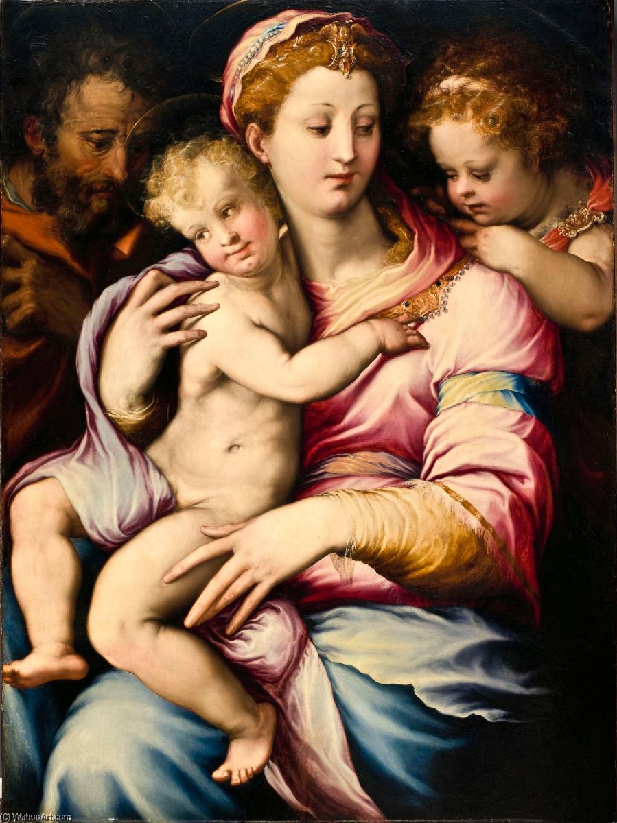 Wikioo.org – La Enciclopedia de las Bellas Artes - Pintura, Obras de arte de Francesco De' Rossi - santa familia enestado  santa  San Juan Bautista