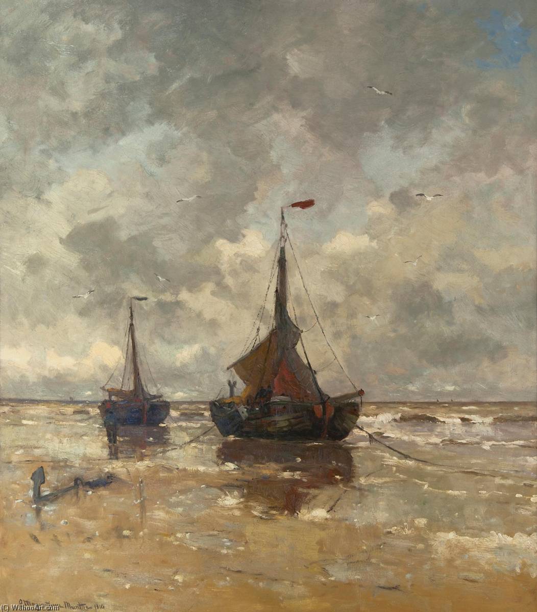 Wikioo.org - The Encyclopedia of Fine Arts - Painting, Artwork by Gerhard Morgenstjerne Munthe - Twee bomschuiten op het strand