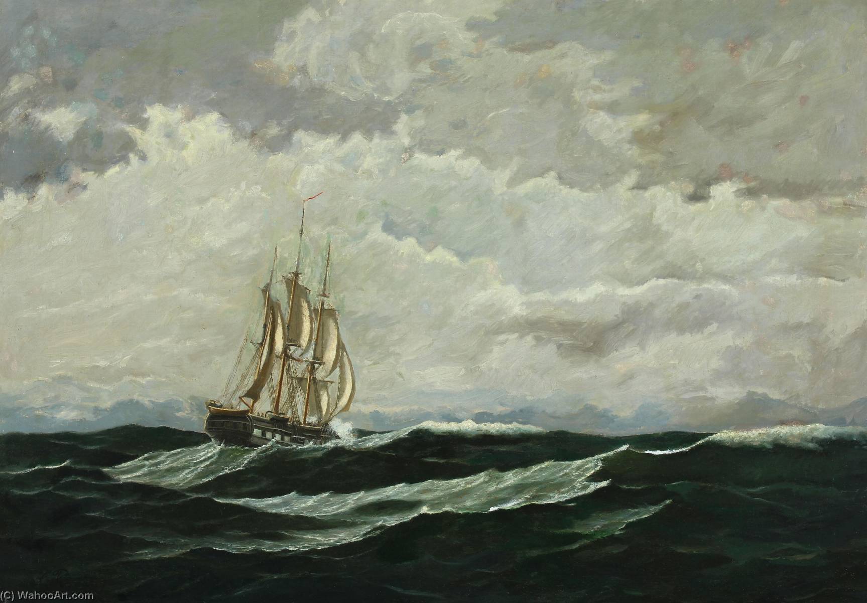 Wikioo.org - The Encyclopedia of Fine Arts - Painting, Artwork by Jens Erik Carl Rasmussen - Seascape with warship in high seas