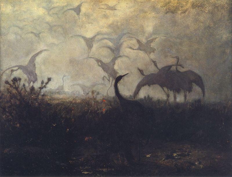Wikioo.org - The Encyclopedia of Fine Arts - Painting, Artwork by Jozef Chelmonski - English Cranes take off Polski Odlot żurawi