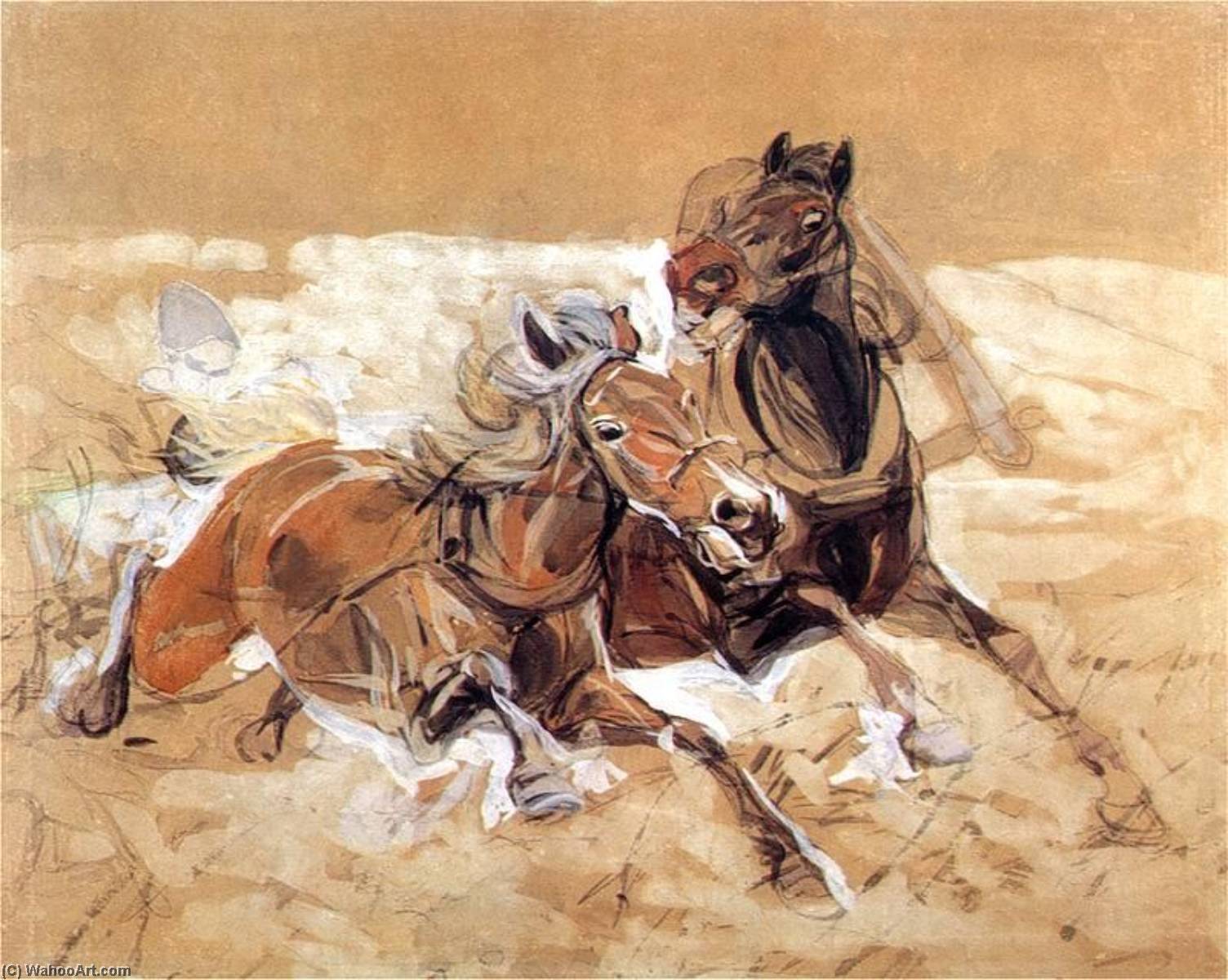 Wikioo.org - The Encyclopedia of Fine Arts - Painting, Artwork by Jozef Chelmonski - Horses draft to painting Wolves attack