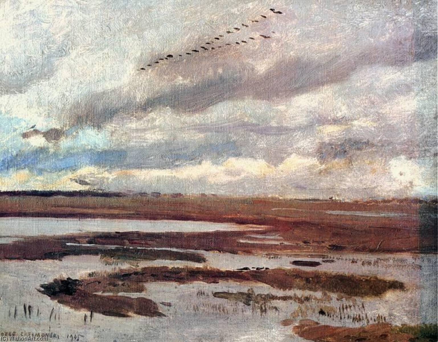 Wikioo.org - The Encyclopedia of Fine Arts - Painting, Artwork by Jozef Chelmonski - Cranes, landscape from meadow