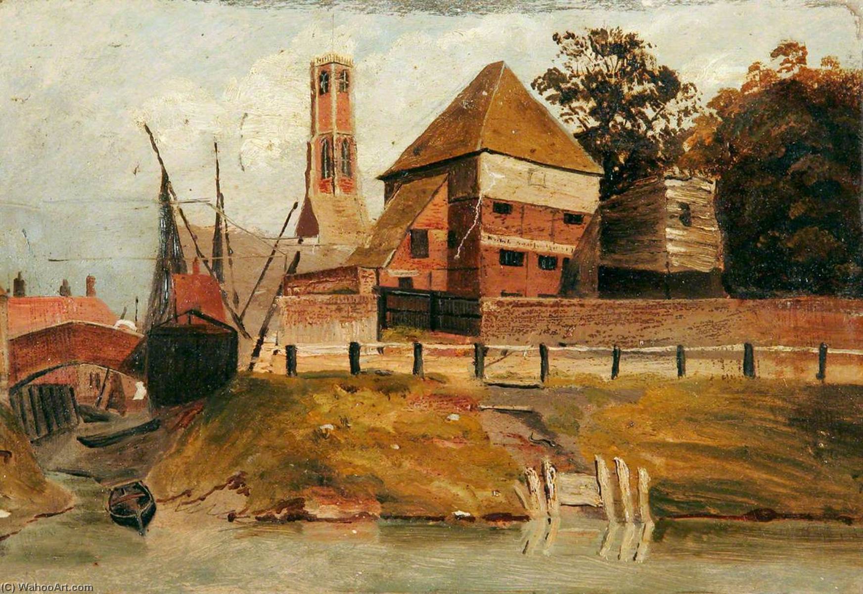 Wikioo.org - The Encyclopedia of Fine Arts - Painting, Artwork by Henry Baines - Millfleet with Greyfriars Tower and Tar Office, Norfolk