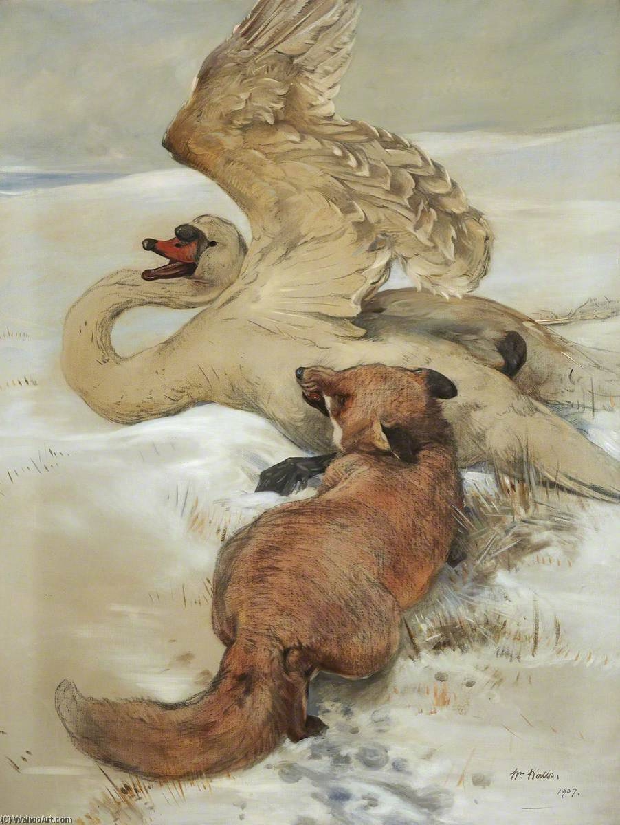 Wikioo.org - Bách khoa toàn thư về mỹ thuật - Vẽ tranh, Tác phẩm nghệ thuật William Walls - Fox Attacking Wounded Swan