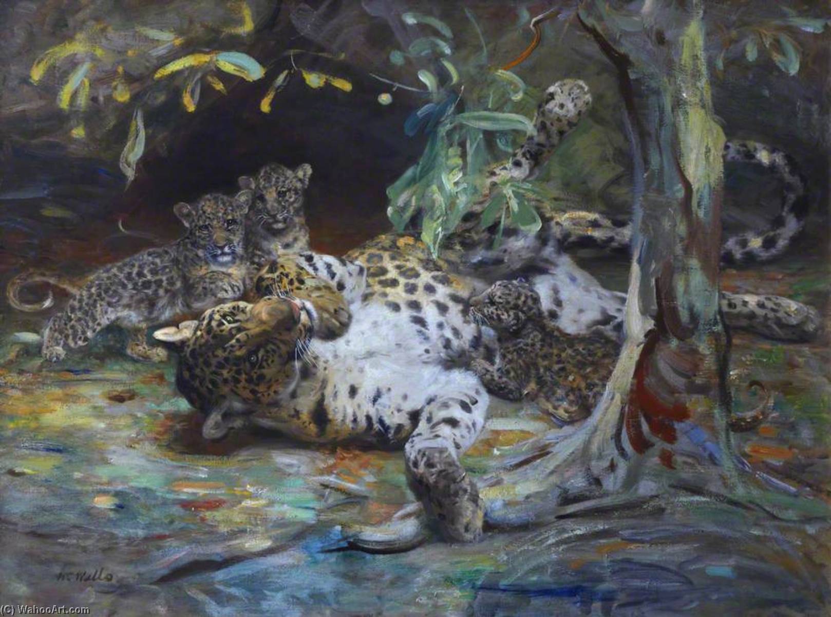 Wikioo.org - The Encyclopedia of Fine Arts - Painting, Artwork by William Walls - Leopardess with Cubs