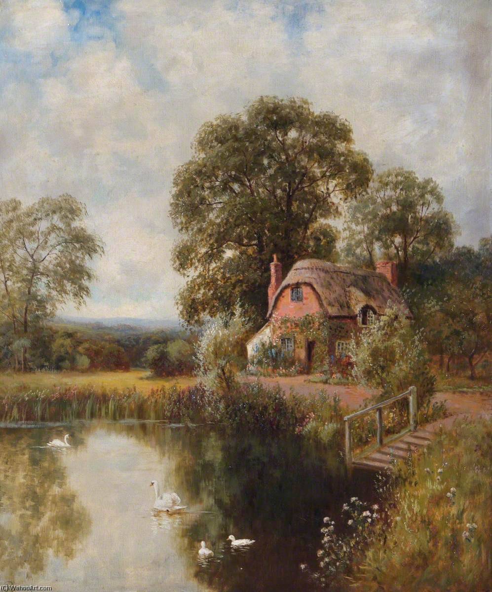 Wikioo.org - The Encyclopedia of Fine Arts - Painting, Artwork by John Bonny - Landscape with a Thatched Cottage and a Lake