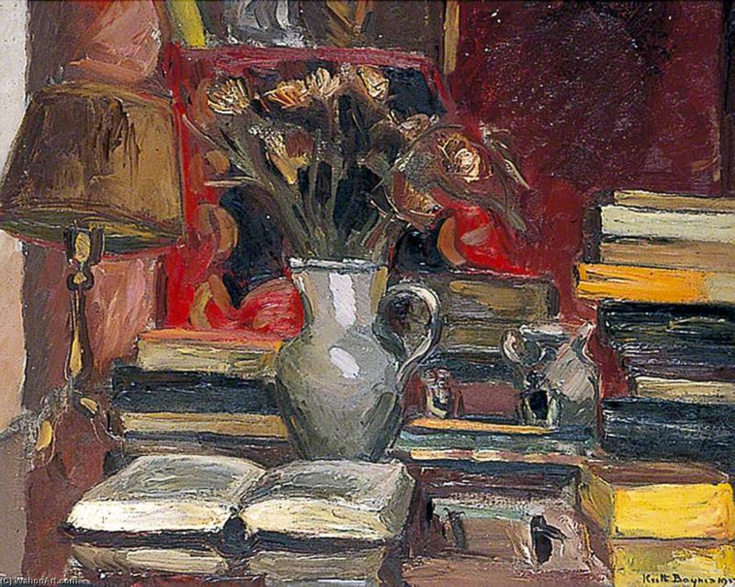 Wikioo.org - The Encyclopedia of Fine Arts - Painting, Artwork by Keith Baynes - Still Life with Books, a Lamp and Jug of Flowers