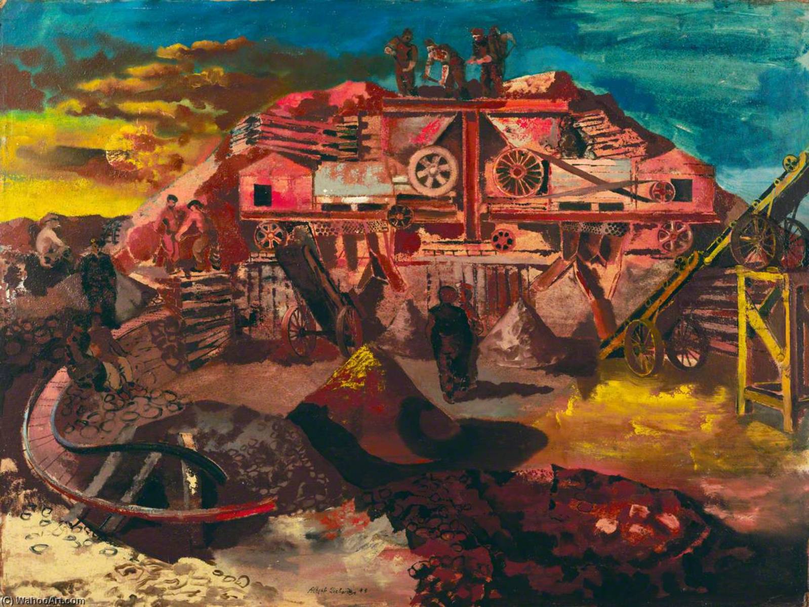 Wikioo.org - The Encyclopedia of Fine Arts - Painting, Artwork by Albert Richards - The Beach Head, France The Search for Rubble the Wear and Tear on the Roads Resulted in a Constant Search for Materials for Repair, Crushing Iron Ore in the Area of the Colombelles Factory near Caen