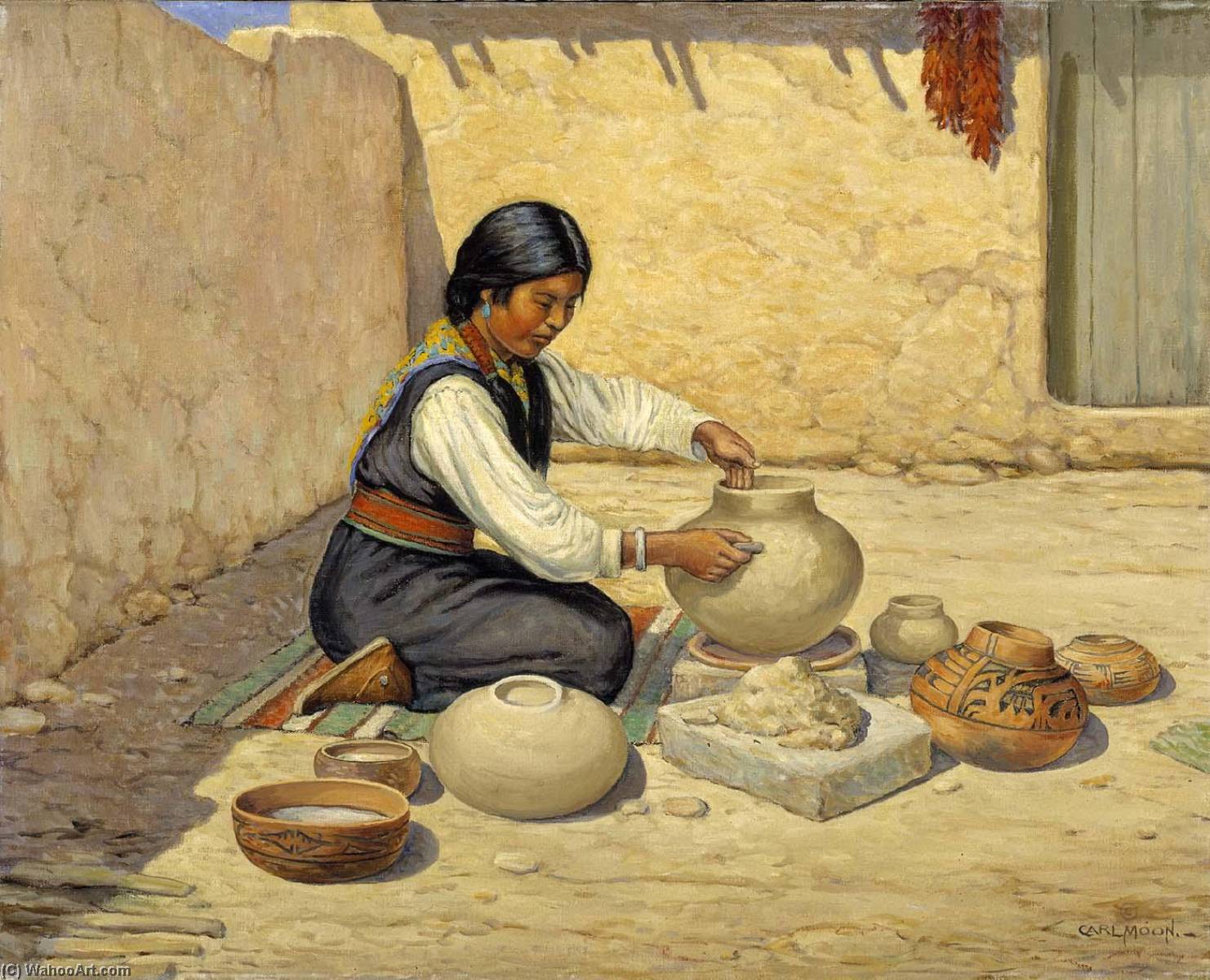Wikioo.org - The Encyclopedia of Fine Arts - Painting, Artwork by Carl Moon - Hopi Woman Making Pottery