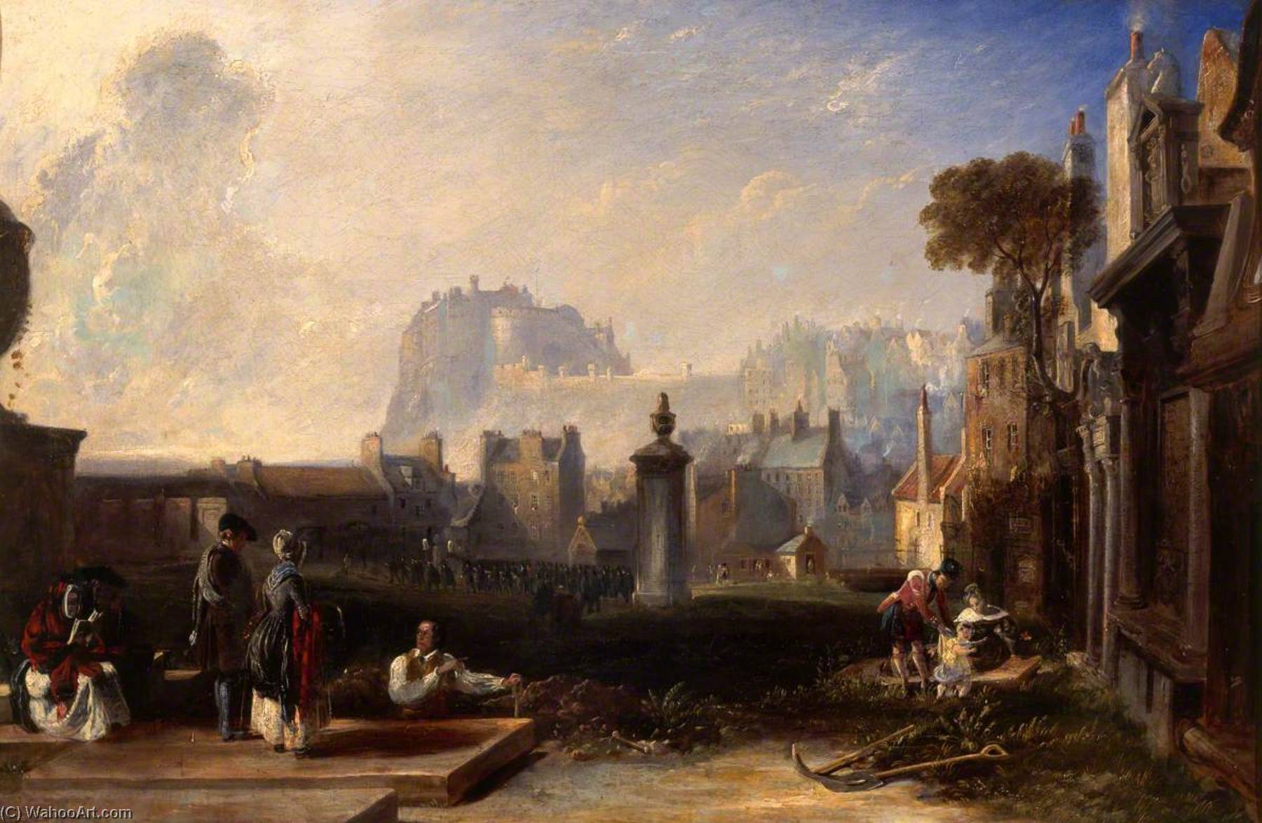 Wikioo.org - The Encyclopedia of Fine Arts - Painting, Artwork by David Octavius Hill - Old Edinburgh, Showing the Castle from Greyfriars Churchyard