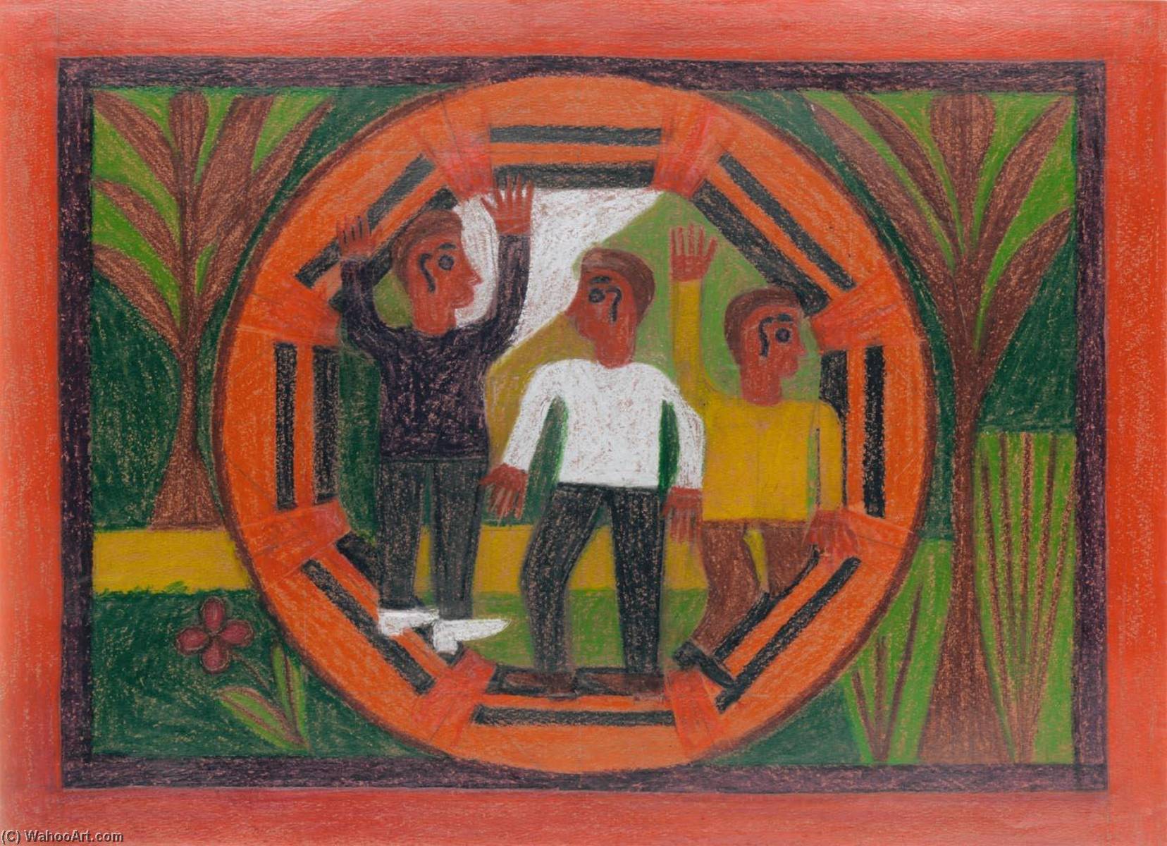 WikiOO.org - Encyclopedia of Fine Arts - Lukisan, Artwork Eddie Arning - Three Men in a Circle