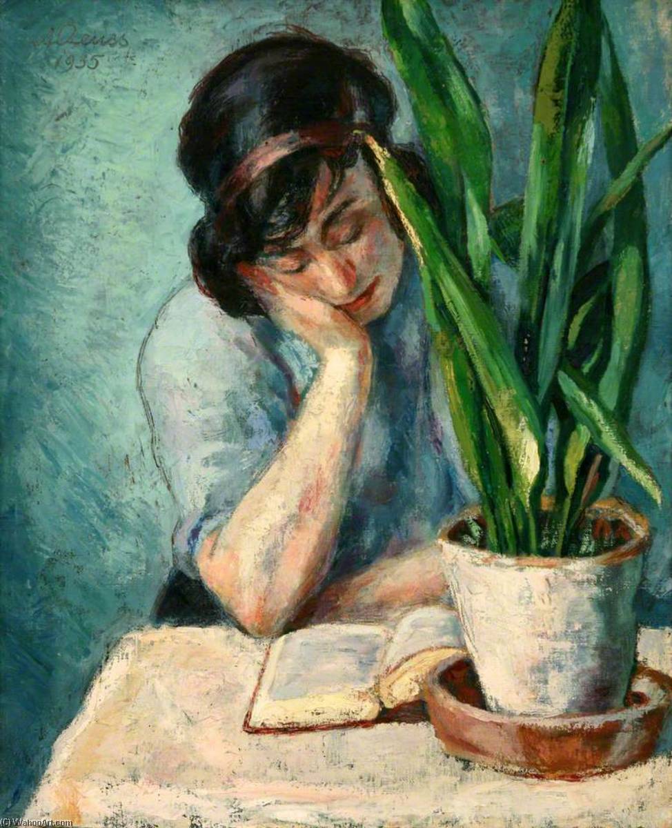 Wikioo.org - The Encyclopedia of Fine Arts - Painting, Artwork by Albert Reuss - Woman Reading with Mother in Law's Tongue